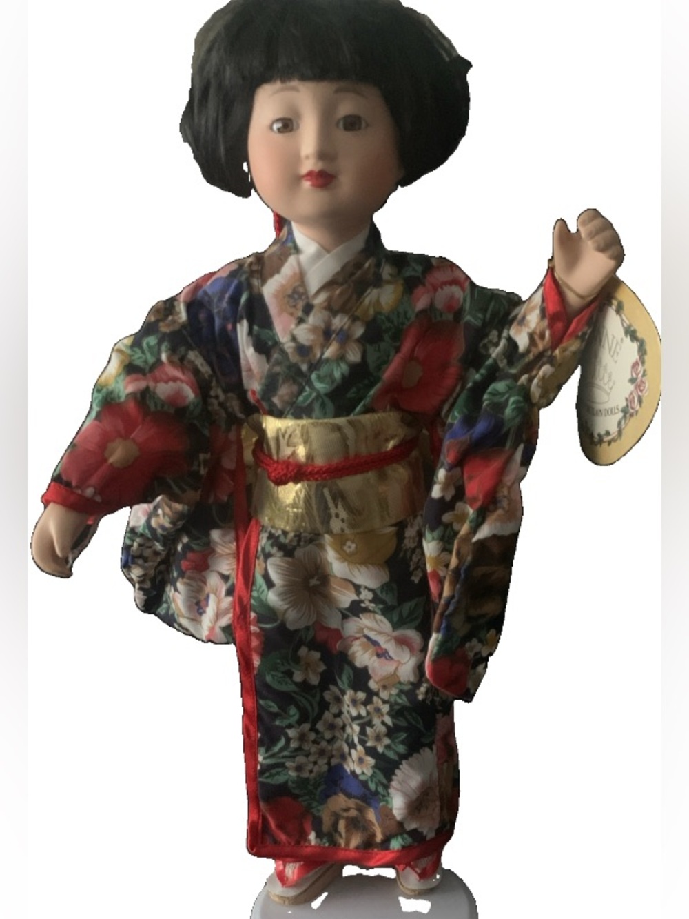 Vintage NOS Crowne Fine Porcelain Doll Hana Ko Asian Geisha Kimono With Stand